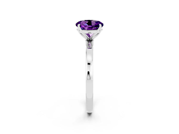 Platinum Round Cut Amethyst Solitaire Ring with Thin Band and Prong Setting