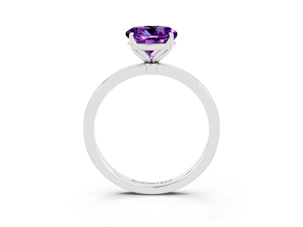 Platinum Round Cut Amethyst Solitaire Ring with Thin Band and Prong Setting