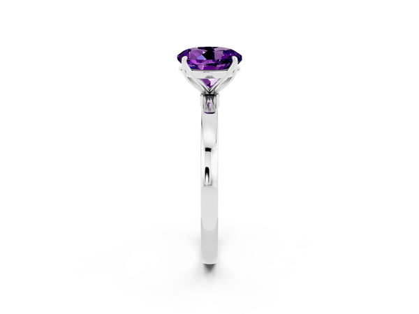 White gold Round Cut Amethyst Solitaire Ring with Thin Band and Prong Setting