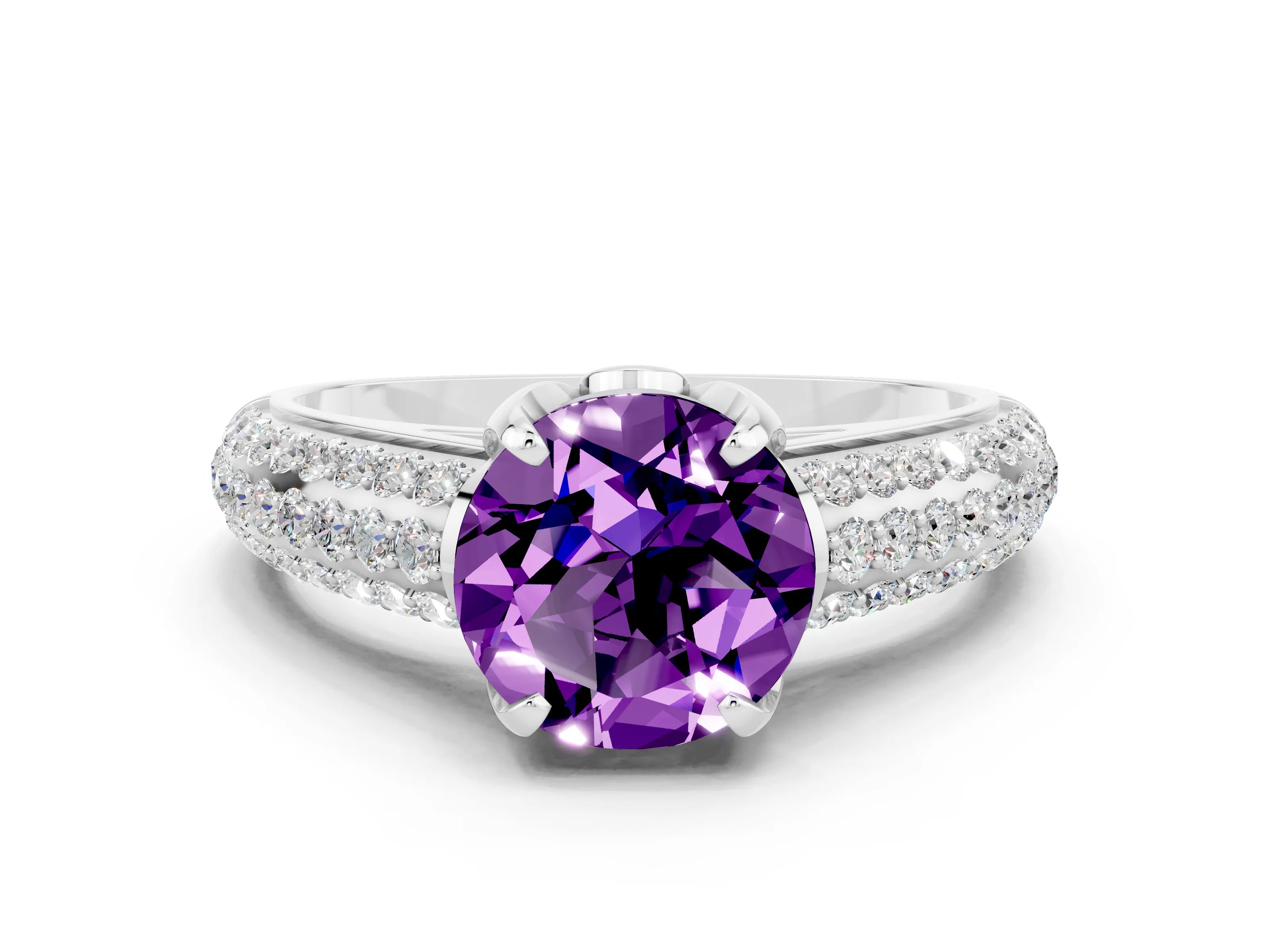White gold Round Cut Amethyst Solitaire Ring with Three-Row Pavé Band and Four-Prong Setting_12