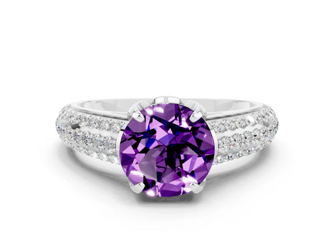White gold Round Cut Amethyst Solitaire Ring with Three-Row Pavé Band and Four-Prong Setting_12