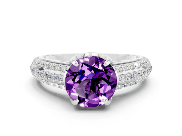 Silver Round Cut Amethyst Solitaire Ring with Three-Row Pavé Band and Four-Prong Setting