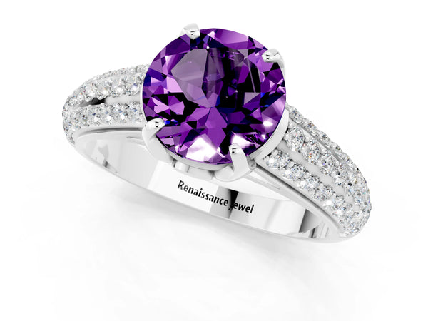 Platinum Round Cut Amethyst Solitaire Ring with Three-Row Pavé Band and Four-Prong Setting
