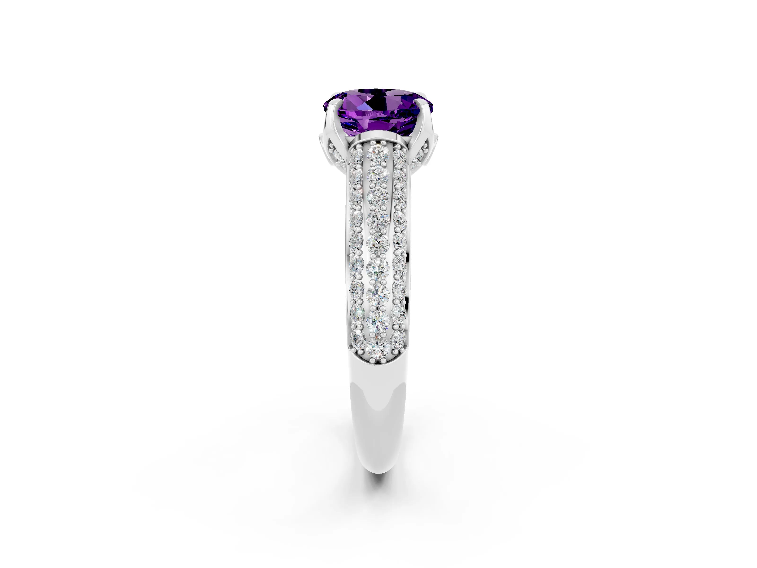 White gold Round Cut Amethyst Solitaire Ring with Three-Row Pavé Band and Four-Prong Setting_14