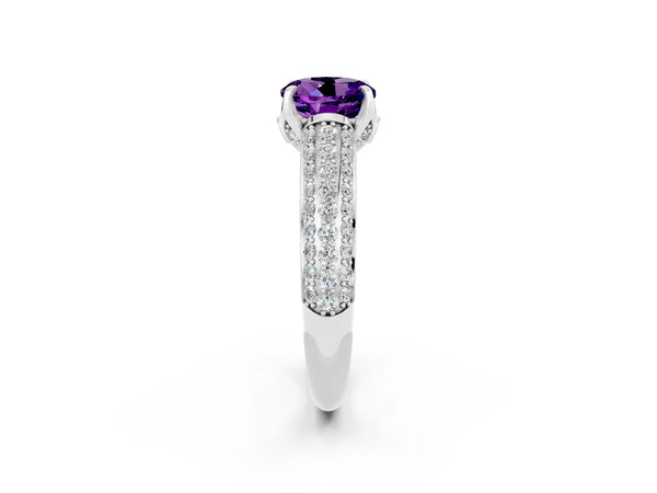 Platinum Round Cut Amethyst Solitaire Ring with Three-Row Pavé Band and Four-Prong Setting