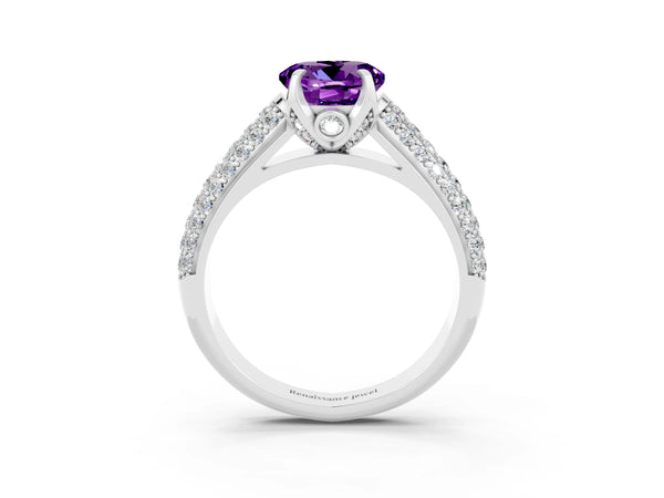 Platinum Round Cut Amethyst Solitaire Ring with Three-Row Pavé Band and Four-Prong Setting