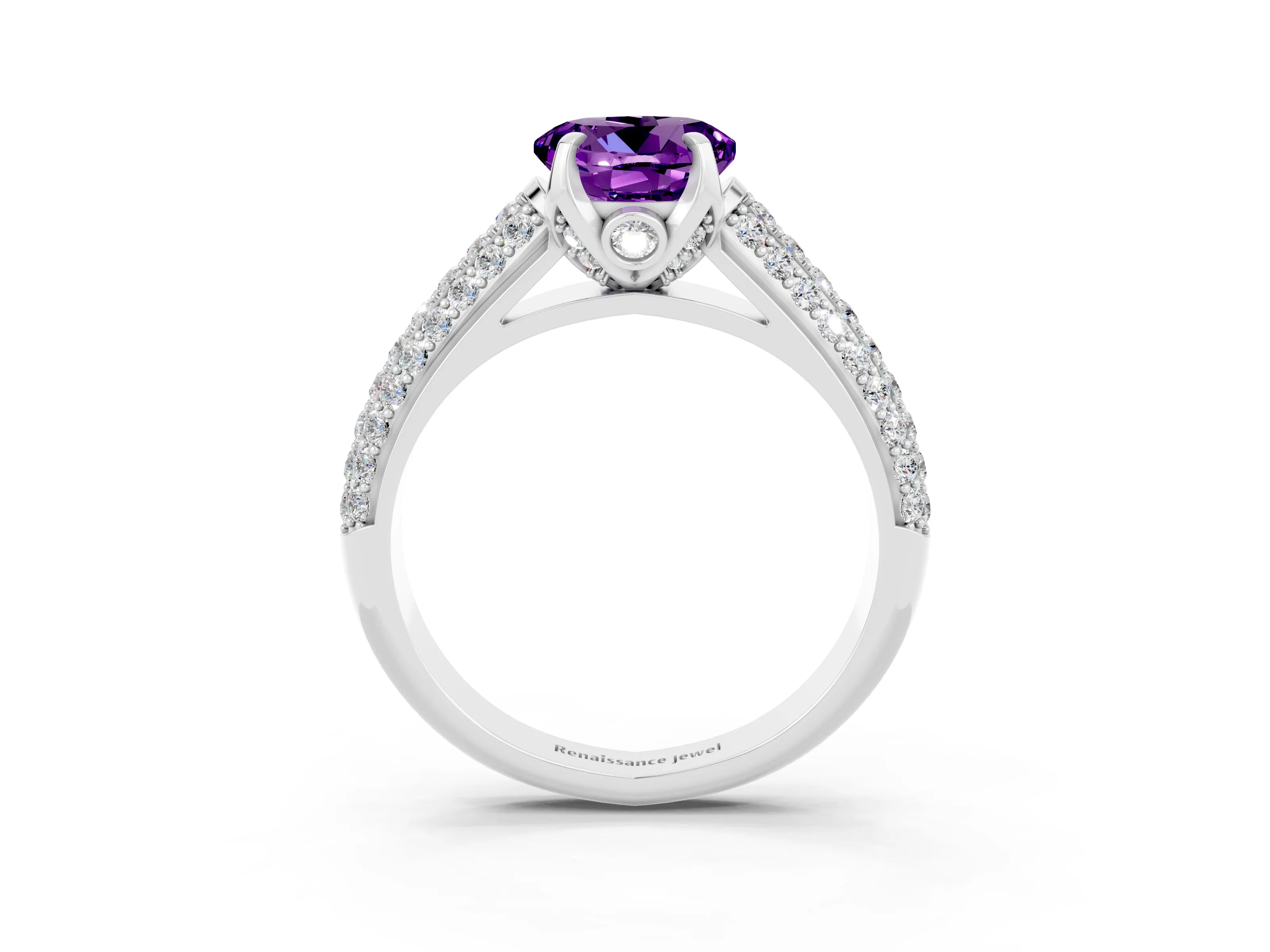 White gold Round Cut Amethyst Solitaire Ring with Three-Row Pavé Band and Four-Prong Setting_15