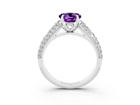 White gold Round Cut Amethyst Solitaire Ring with Three-Row Pavé Band and Four-Prong Setting_15