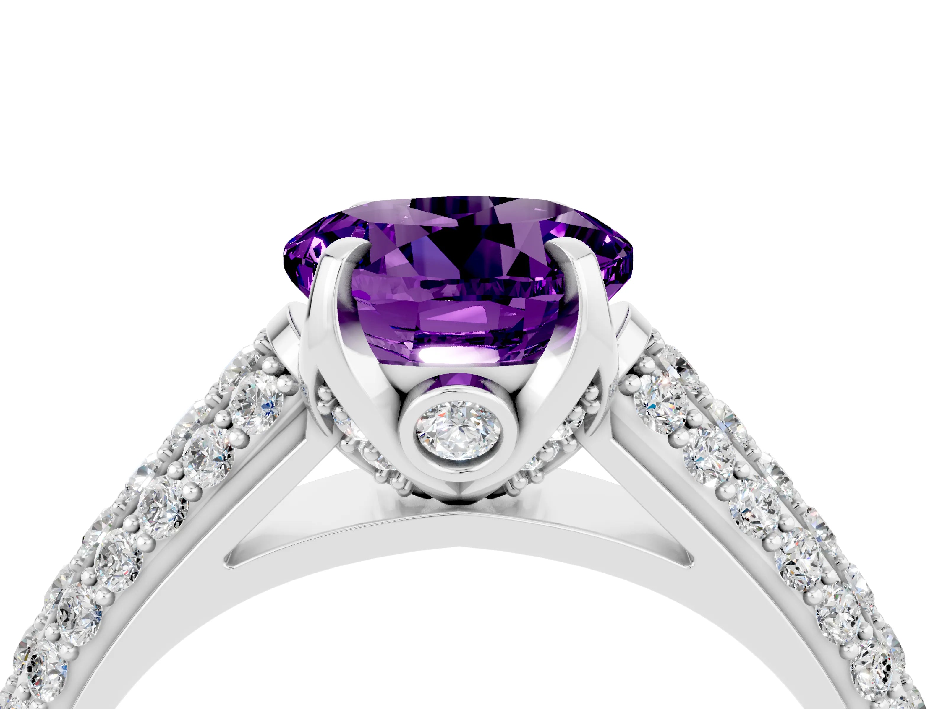 White gold Round Cut Amethyst Solitaire Ring with Three-Row Pavé Band and Four-Prong Setting_16
