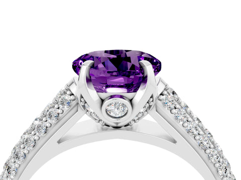 White gold Round Cut Amethyst Solitaire Ring with Three-Row Pavé Band and Four-Prong Setting_16