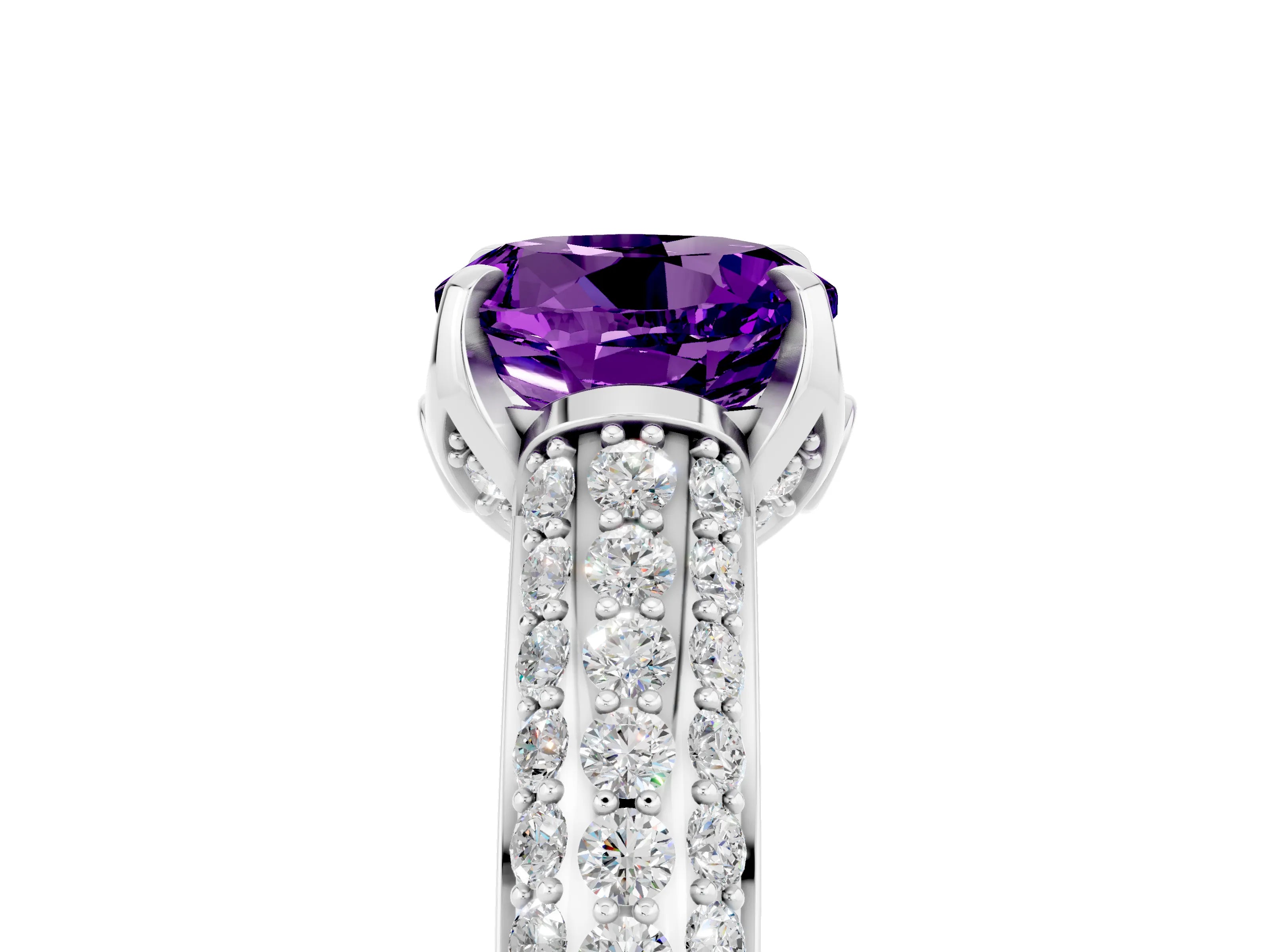 White gold Round Cut Amethyst Solitaire Ring with Three-Row Pavé Band and Four-Prong Setting_17