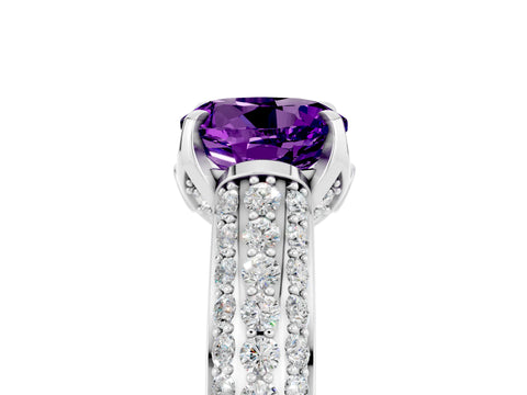 White gold Round Cut Amethyst Solitaire Ring with Three-Row Pavé Band and Four-Prong Setting_17
