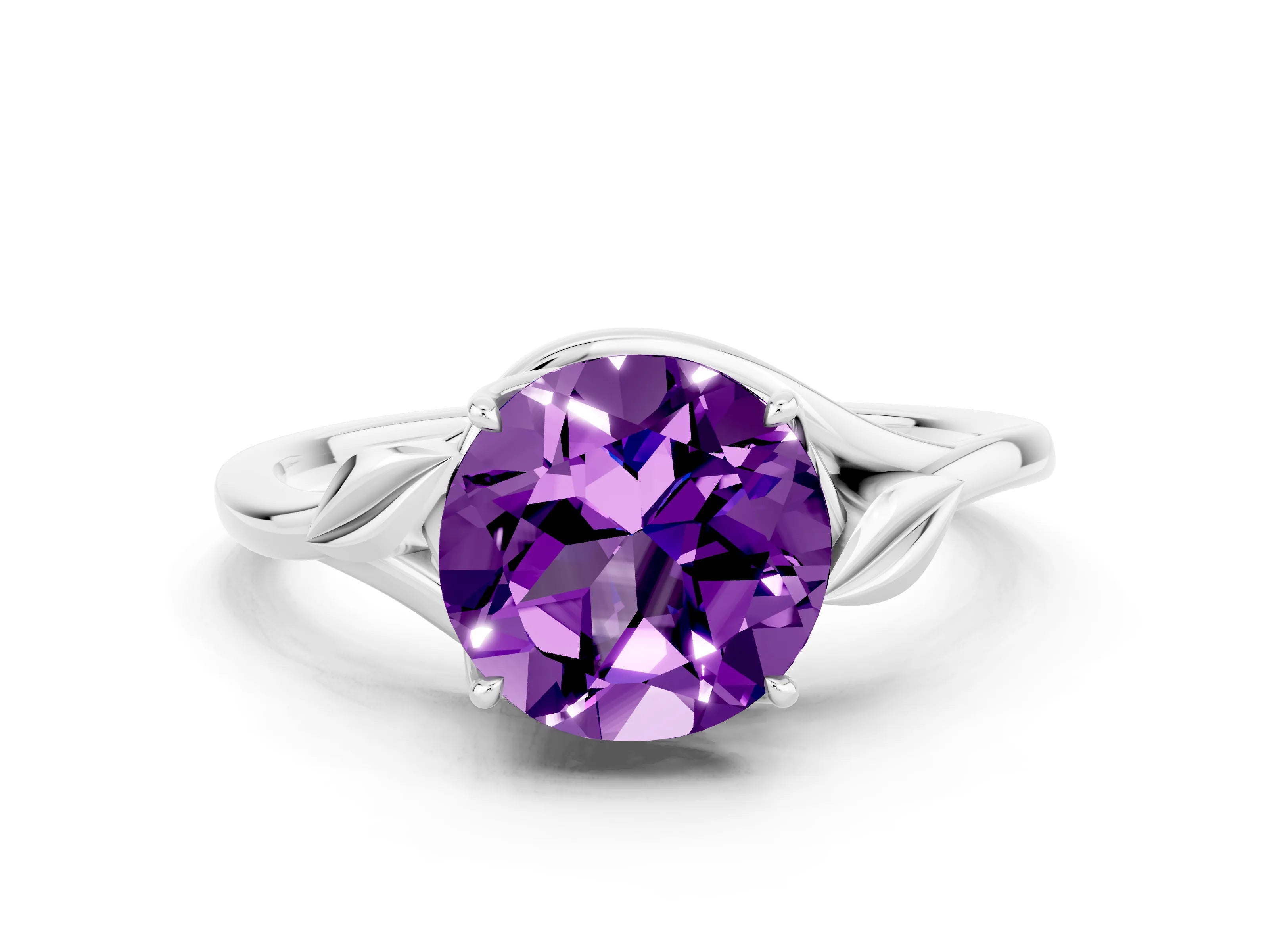 White gold Round Cut Amethyst Solitaire Ring with Twist Band and Four-Prong Setting_12