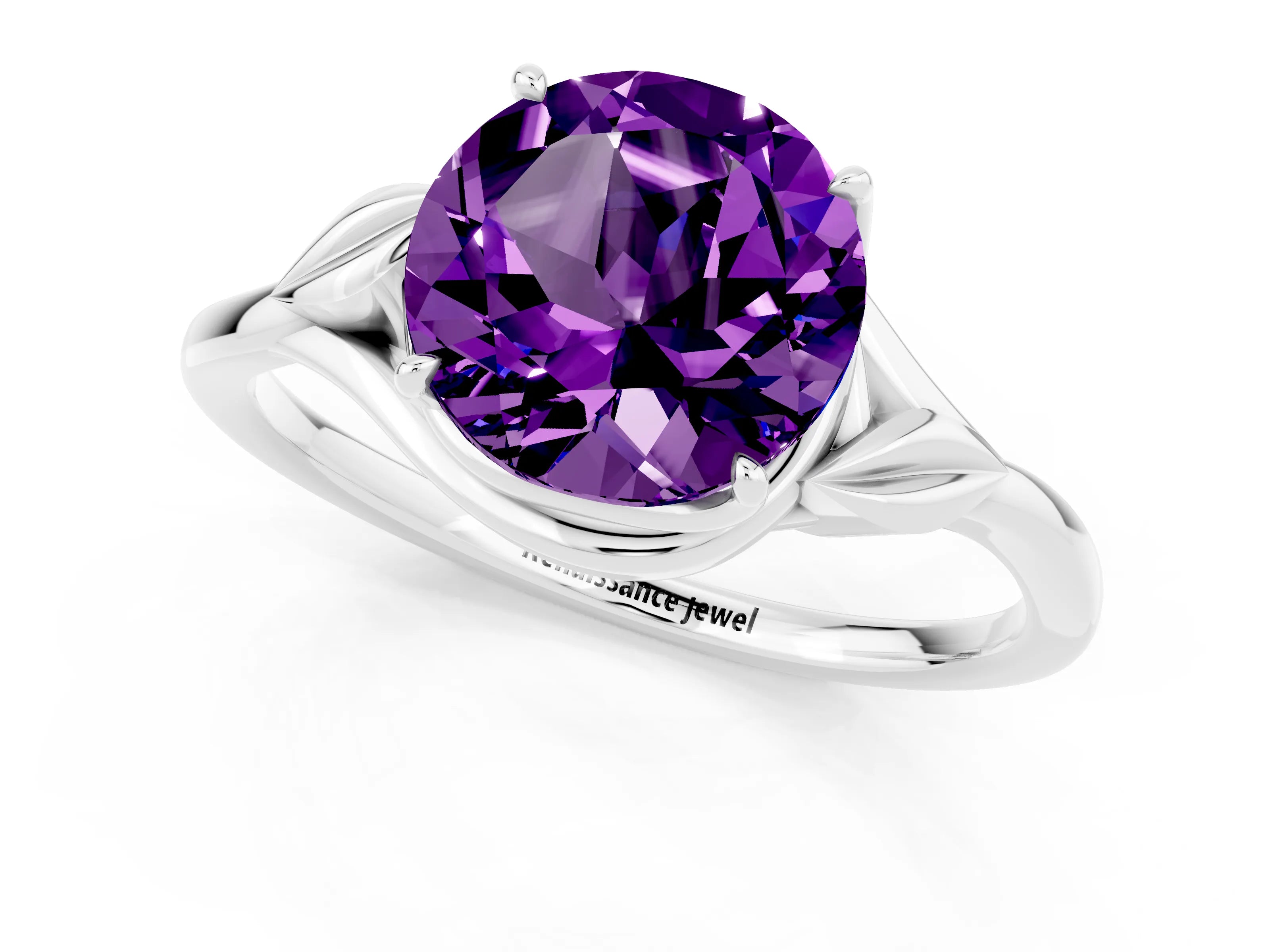 White gold Round Cut Amethyst Solitaire Ring with Twist Band and Four-Prong Setting_13