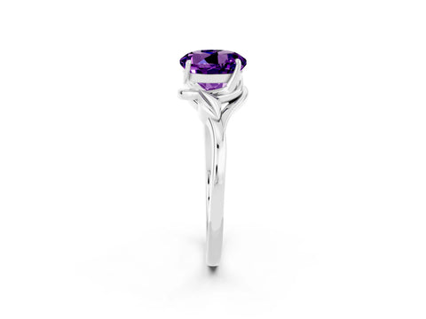 White gold Round Cut Amethyst Solitaire Ring with Twist Band and Four-Prong Setting_14