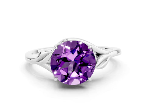White gold Round Cut Amethyst Solitaire Ring with Twist Band and Four-Prong Setting_36