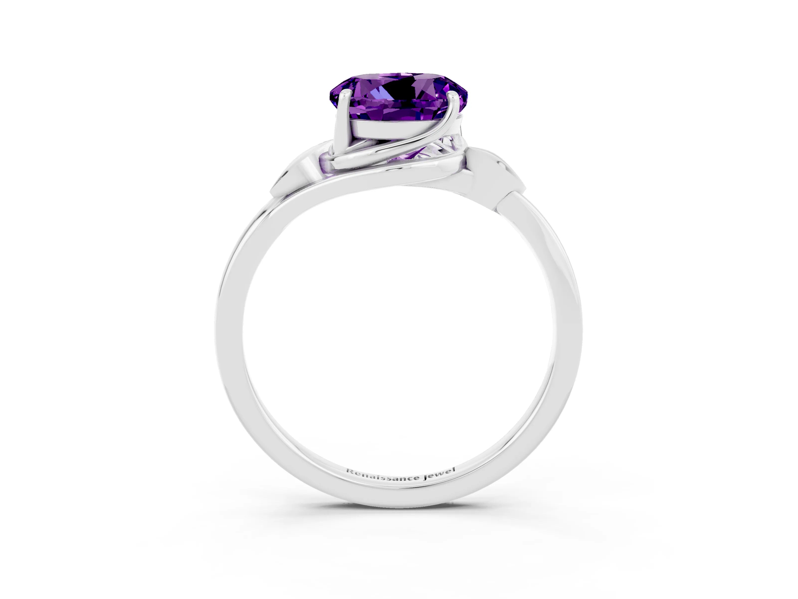 White gold Round Cut Amethyst Solitaire Ring with Twist Band and Four-Prong Setting_39