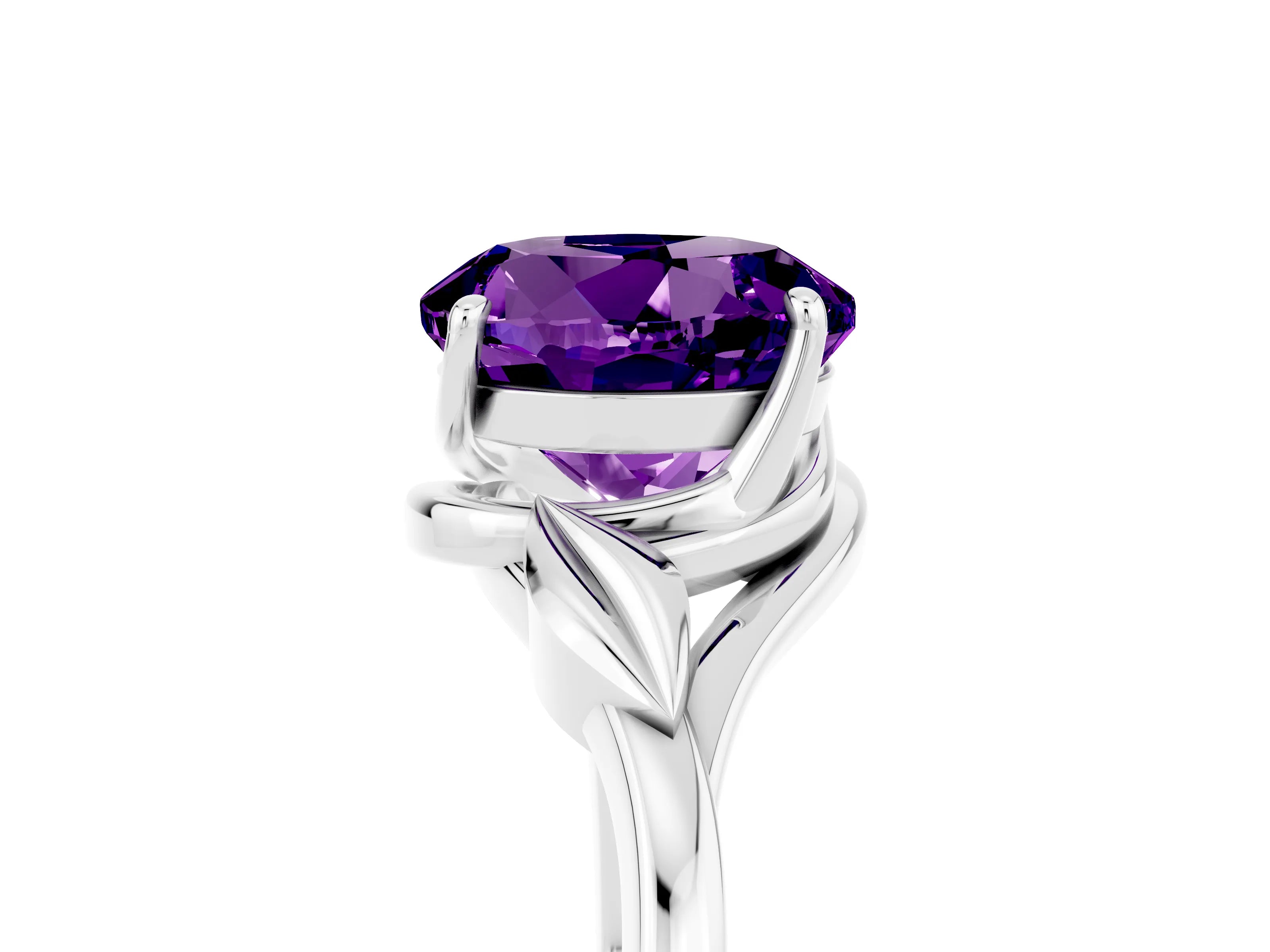 White gold Round Cut Amethyst Solitaire Ring with Twist Band and Four-Prong Setting_41