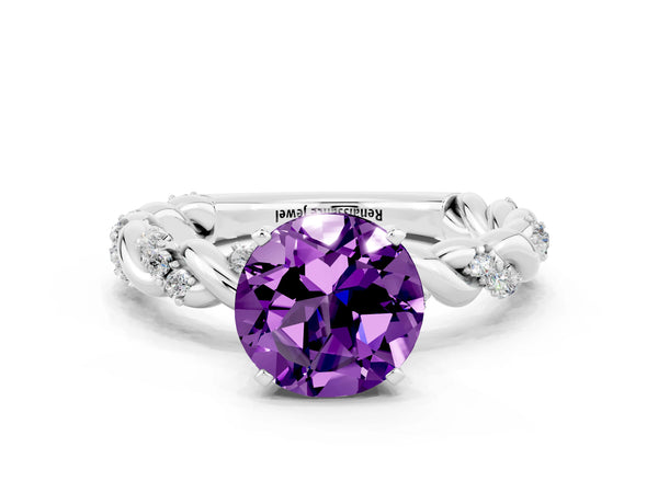 Platinum Round Cut Amethyst Solitaire Ring with Twisted Band and Pavé Accents