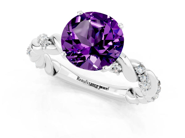 Silver Round Cut Amethyst Solitaire Ring with Twisted Band and Pavé Accents