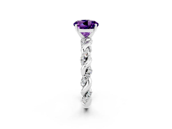 White gold Round Cut Amethyst Solitaire Ring with Twisted Band and Pavé Accents
