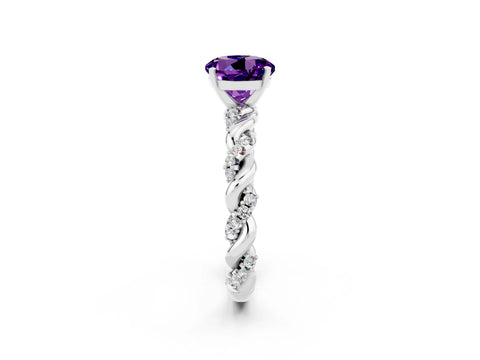 White gold Round Cut Amethyst Solitaire Ring with Twisted Band and Pavé Accents_2