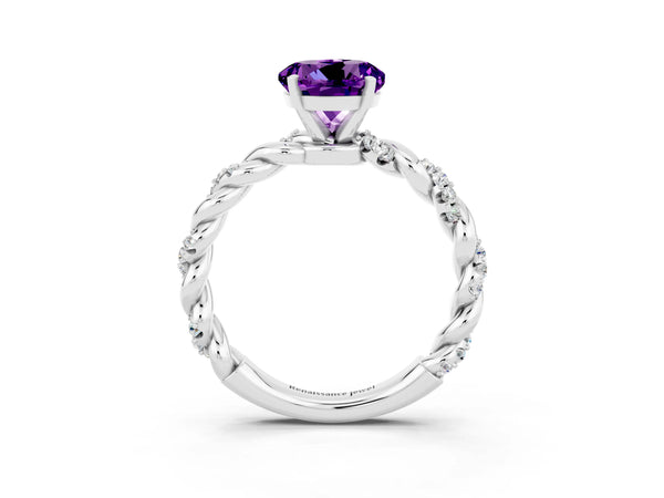 Platinum Round Cut Amethyst Solitaire Ring with Twisted Band and Pavé Accents