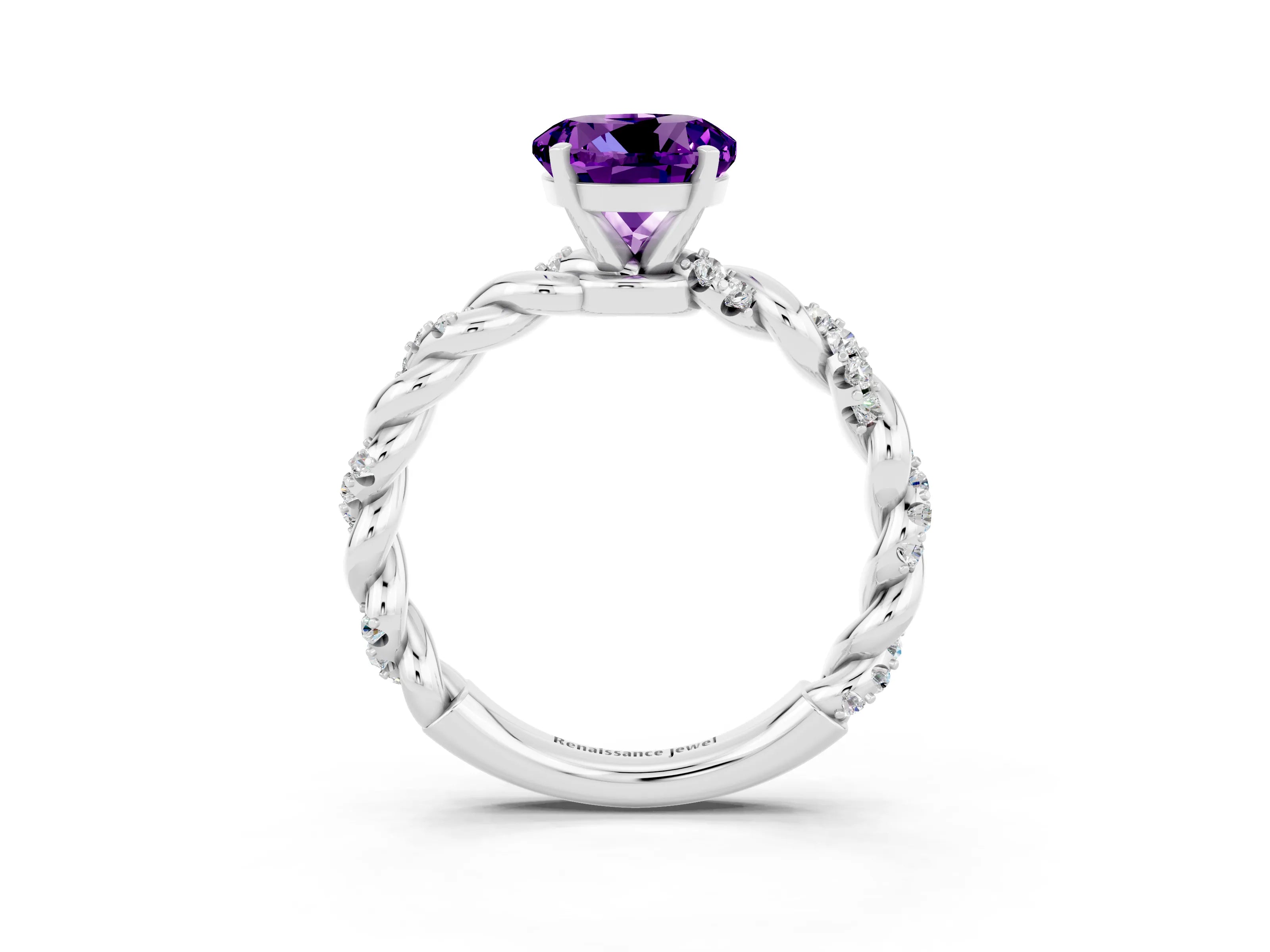 White gold Round Cut Amethyst Solitaire Ring with Twisted Band and Pavé Accents_3