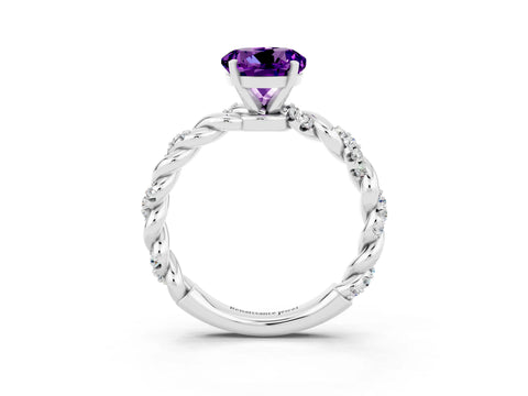 White gold Round Cut Amethyst Solitaire Ring with Twisted Band and Pavé Accents_3