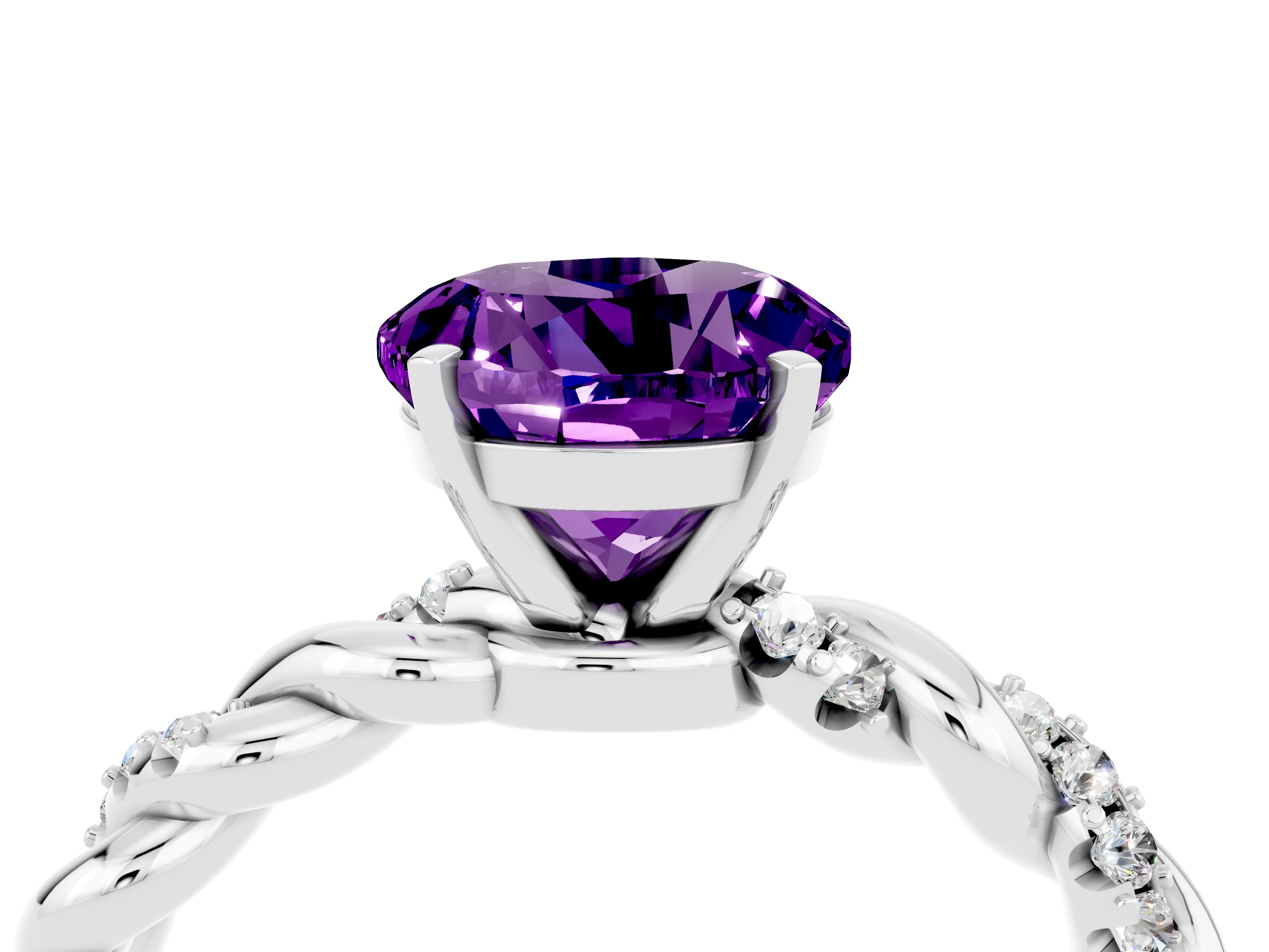 White gold Round Cut Amethyst Solitaire Ring with Twisted Band and Pavé Accents_4