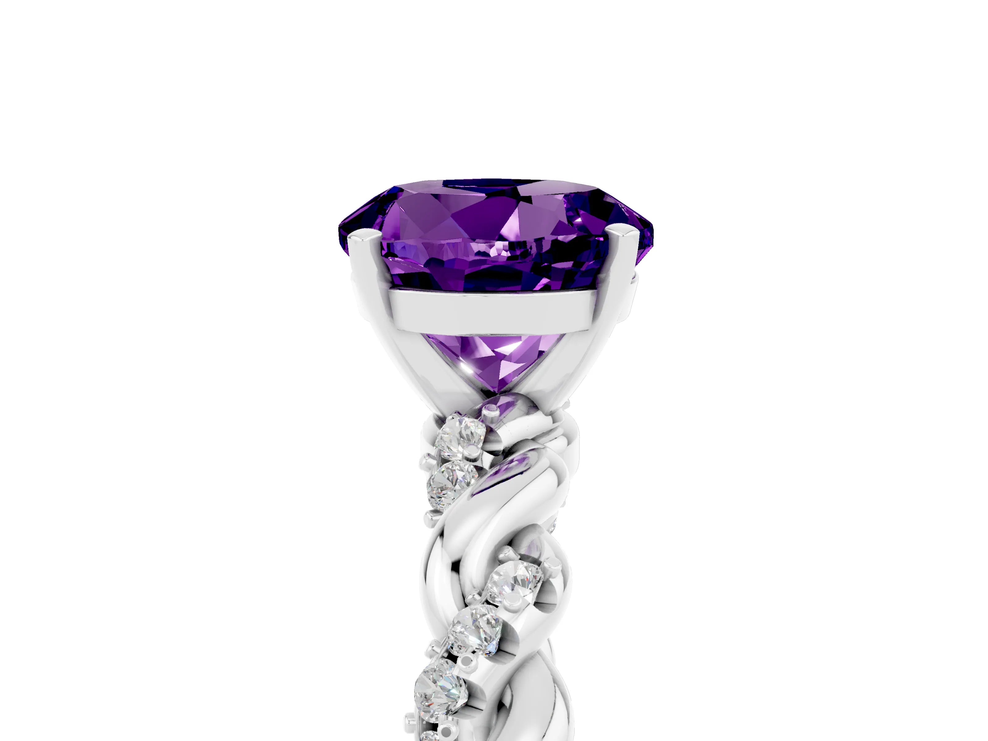 White gold Round Cut Amethyst Solitaire Ring with Twisted Band and Pavé Accents_5