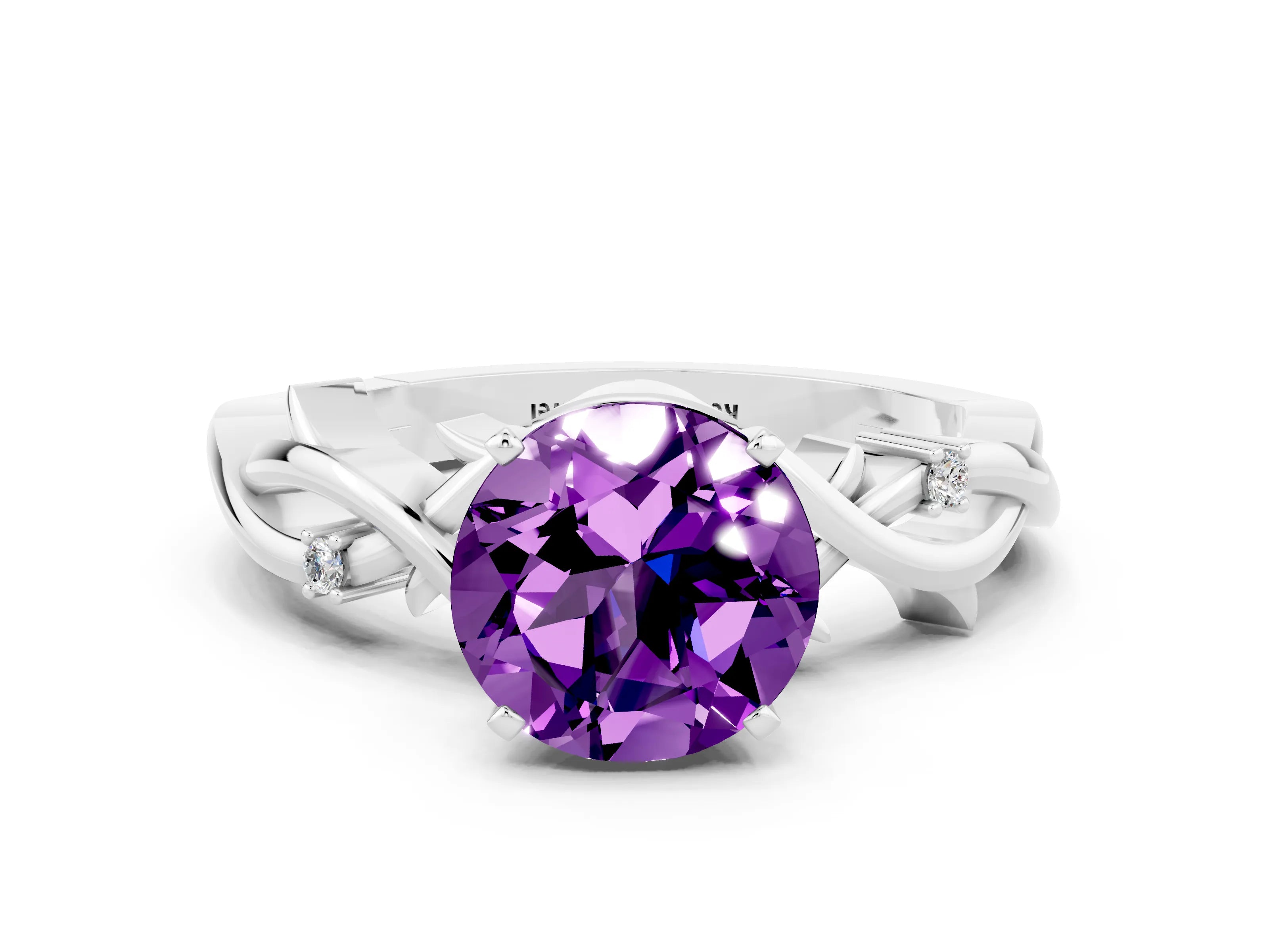 White gold Round Cut Amethyst Solitaire Ring with Twisted Band and Prong Setting