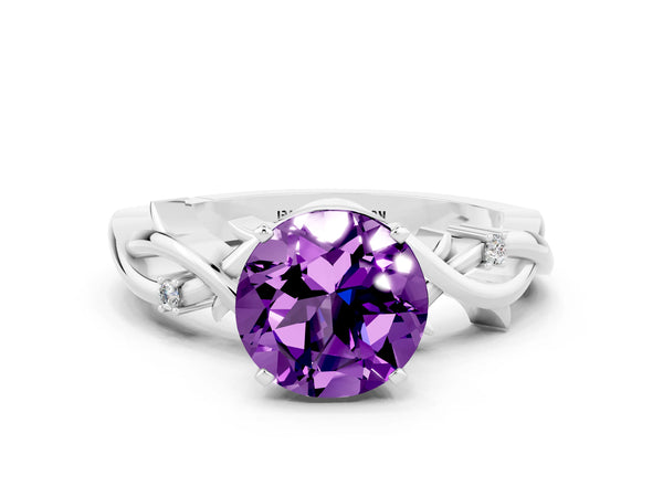 White gold Round Cut Amethyst Solitaire Ring with Twisted Band and Prong Setting