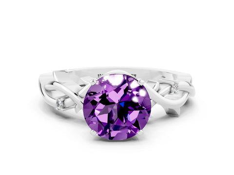 White gold Round Cut Amethyst Solitaire Ring with Twisted Band and Prong Setting_12
