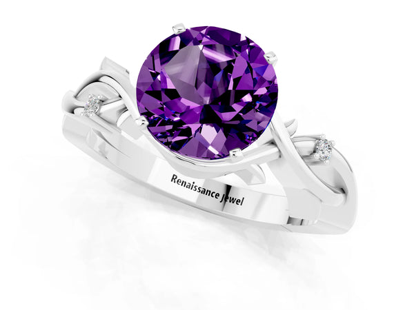 White gold Round Cut Amethyst Solitaire Ring with Twisted Band and Prong Setting