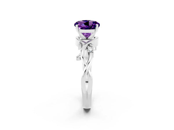 White gold Round Cut Amethyst Solitaire Ring with Twisted Band and Prong Setting