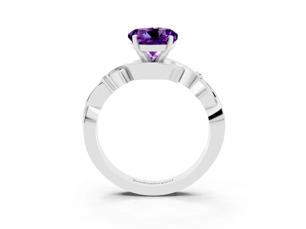 White gold Round Cut Amethyst Solitaire Ring with Twisted Band and Prong Setting