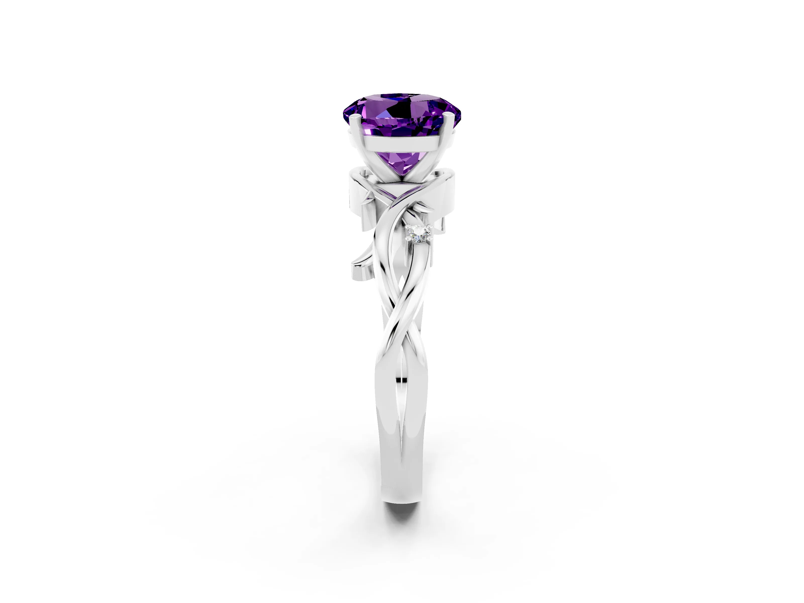 White gold Round Cut Amethyst Solitaire Ring with Twisted Band and Prong Setting_2