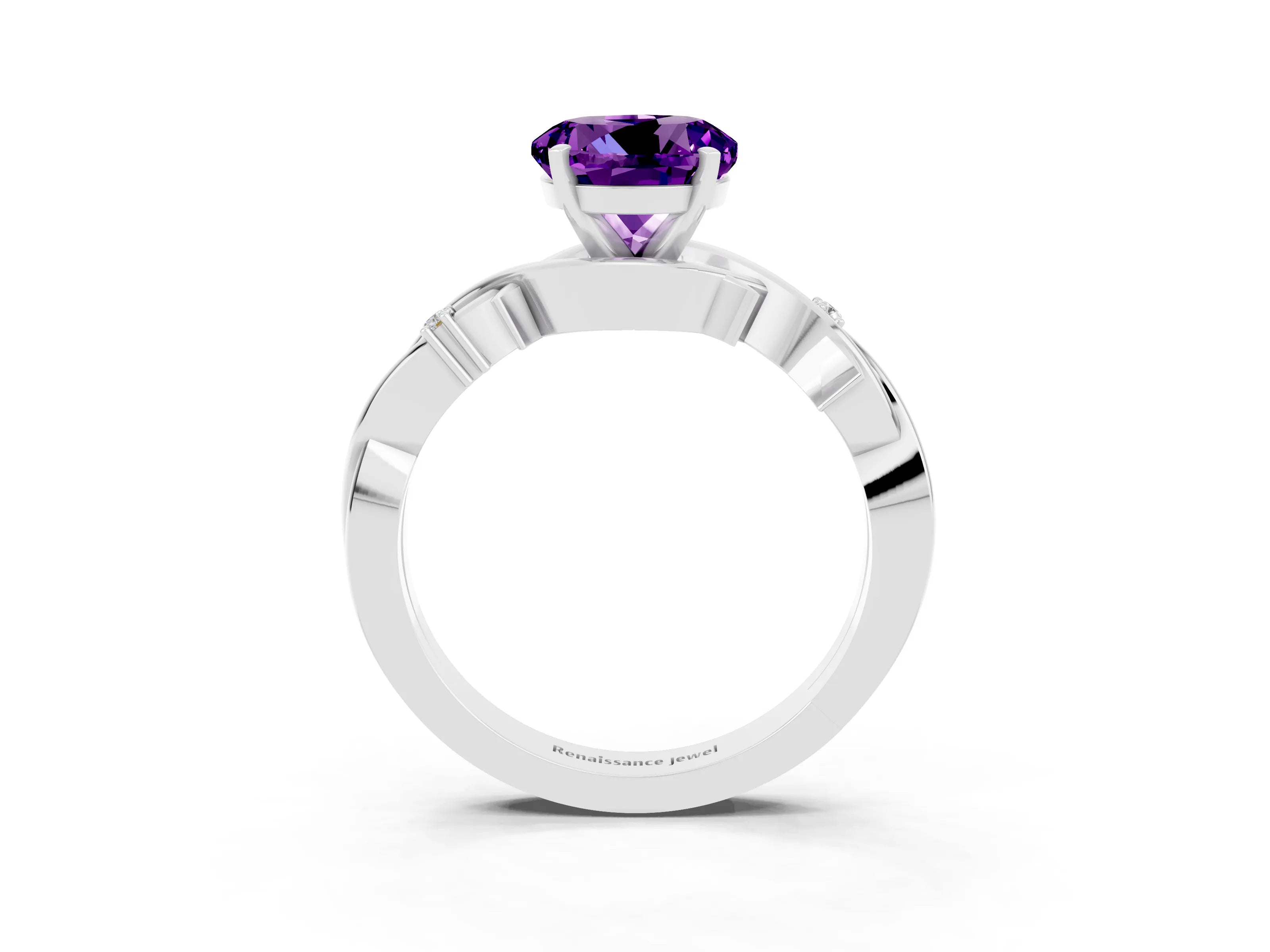 White gold Round Cut Amethyst Solitaire Ring with Twisted Band and Prong Setting_3