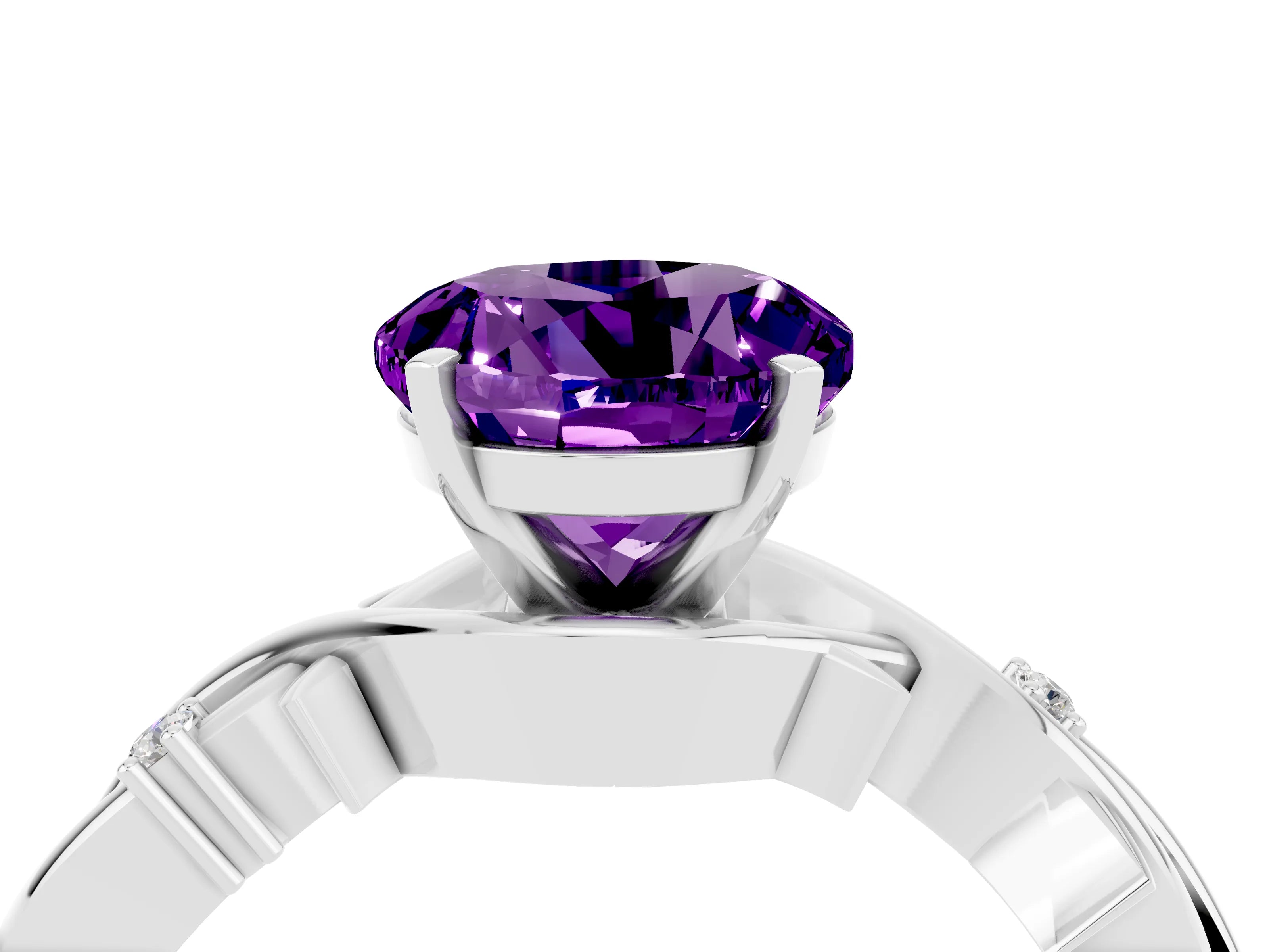White gold Round Cut Amethyst Solitaire Ring with Twisted Band and Prong Setting_4