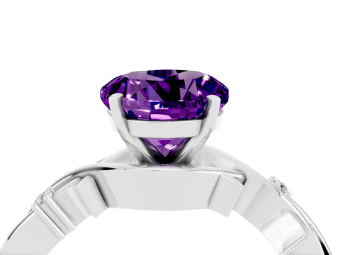 White gold Round Cut Amethyst Solitaire Ring with Twisted Band and Prong Setting_4