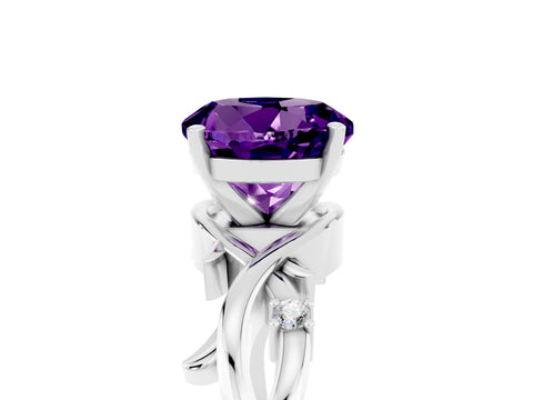 White gold Round Cut Amethyst Solitaire Ring with Twisted Band and Prong Setting_5