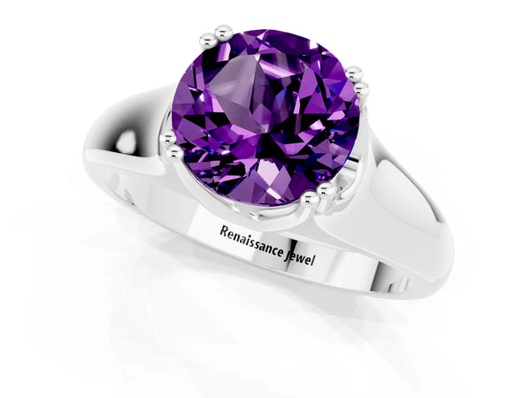 Platinum Round Cut Amethyst Solitaire Ring with Wide Band and Prong Setting
