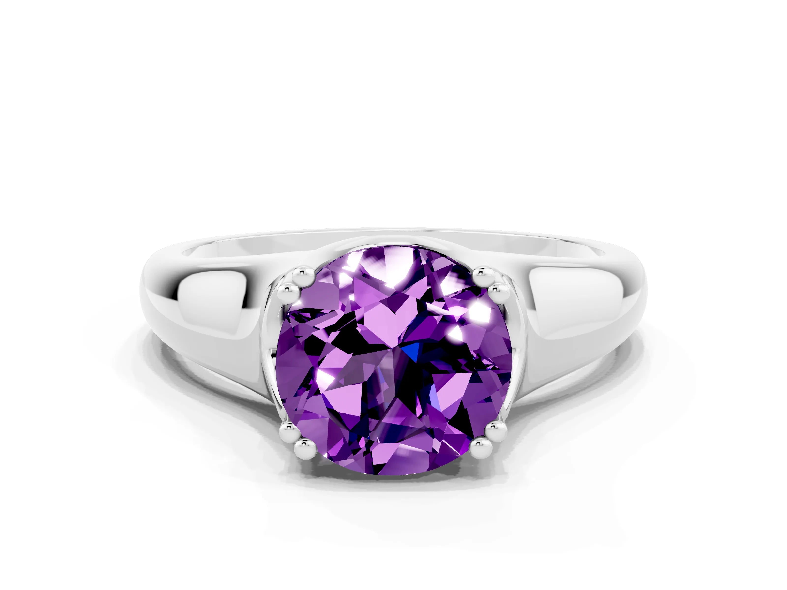 White gold Round Cut Amethyst Solitaire Ring with Wide Band and Prong Setting