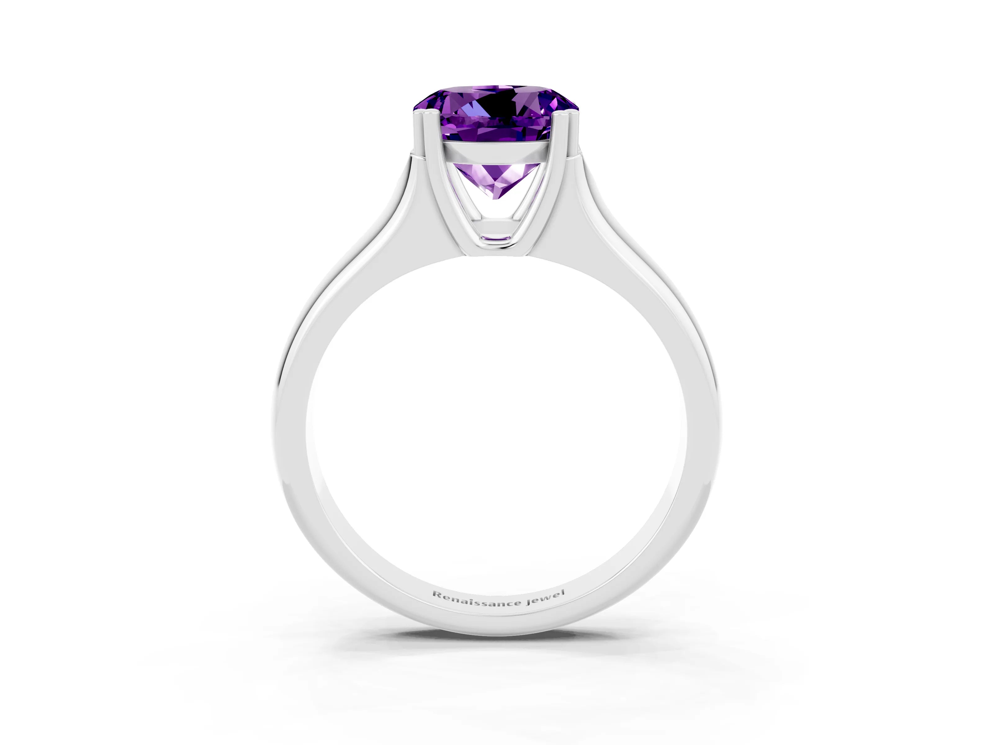 White gold Round Cut Amethyst Solitaire Ring with Wide Band and Prong Setting_3