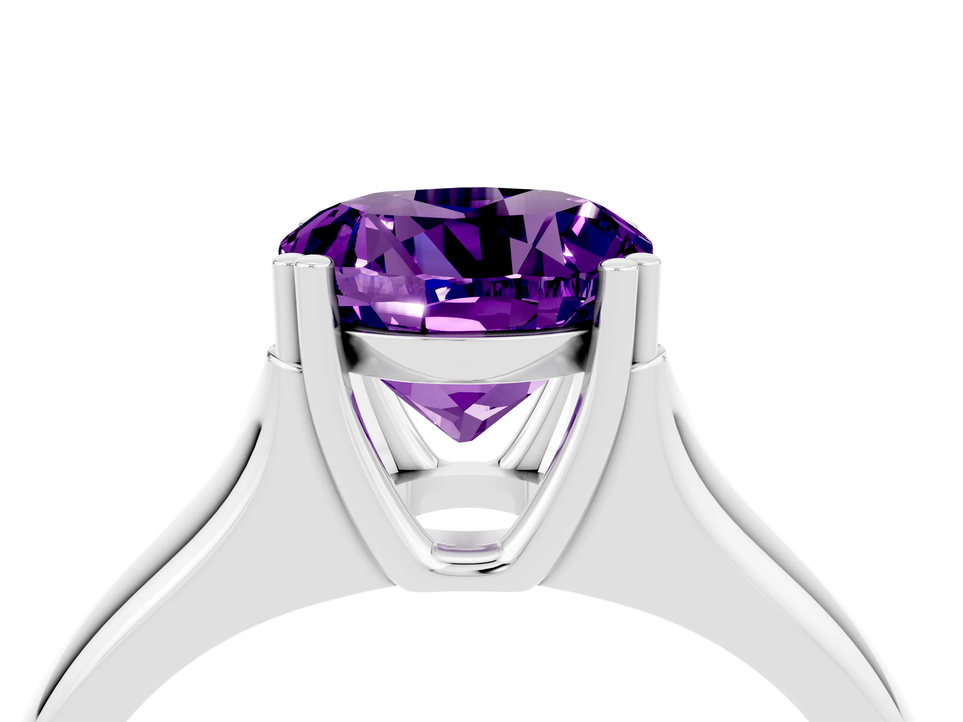 White gold Round Cut Amethyst Solitaire Ring with Wide Band and Prong Setting_4