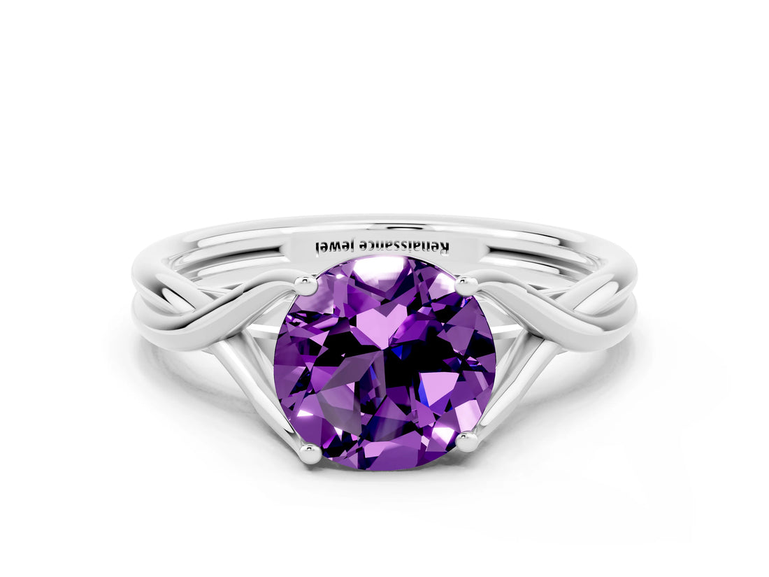 White gold Round Cut Amethyst Solitaire Twist Band Prong Setting Ring_36