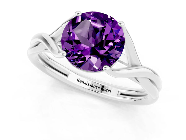 Silver Round Cut Amethyst Solitaire Twist Band Prong Setting Ring