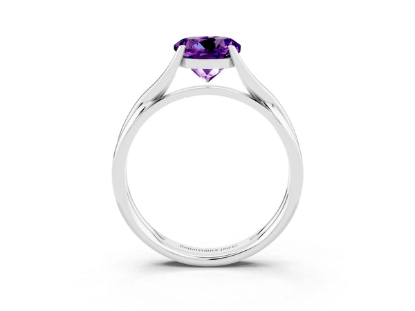 Silver Round Cut Amethyst Solitaire Twist Band Prong Setting Ring