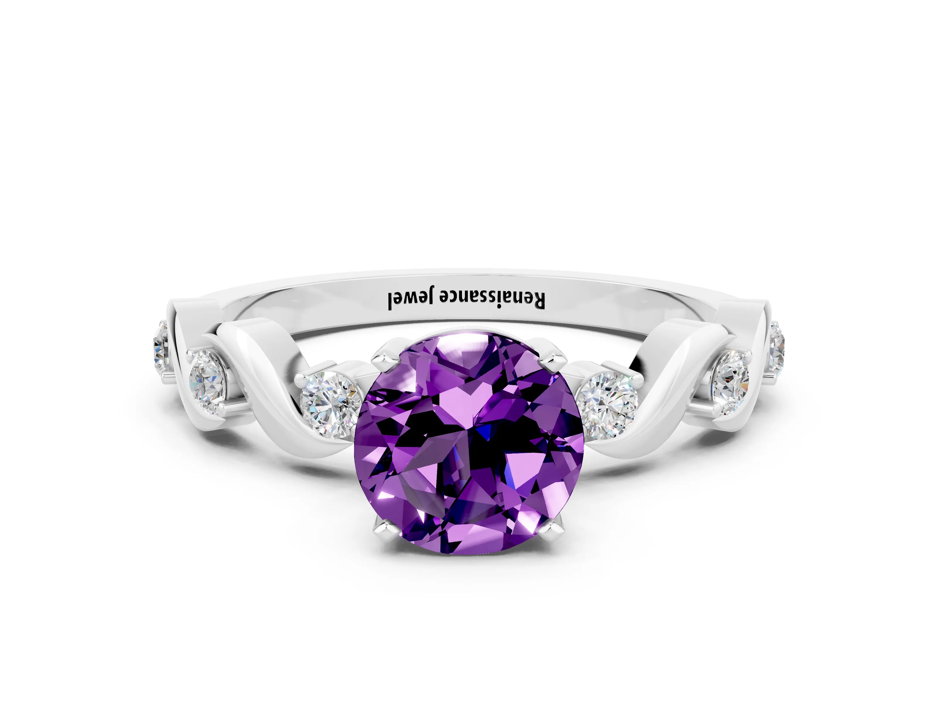 White gold Round Cut Amethyst Solitaire Twisted Band with Round  Accents and Prong Setting_12